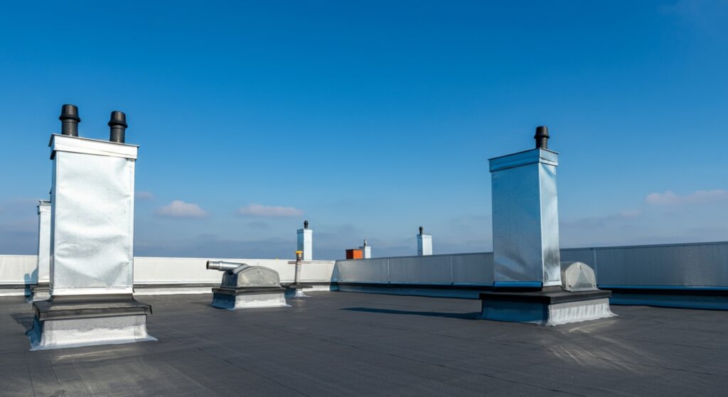 Dächer mit mehreren Metallkaminen und Lüfter, vor einem klaren blauen Himmel.