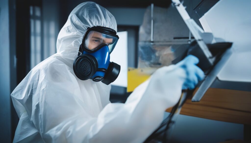 Eine Person in Schutzkleidung und Atemmaske arbeitet konzentriert an einem Laborgerät.
